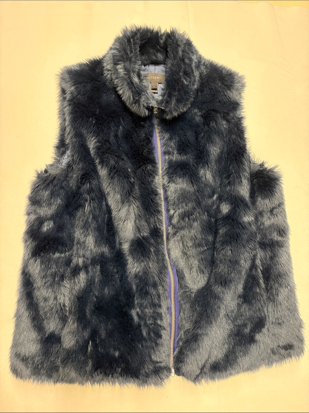 J. Crew women’s Faux Fur Zip Vest in Navy Blue with contrasting zipper/pockets